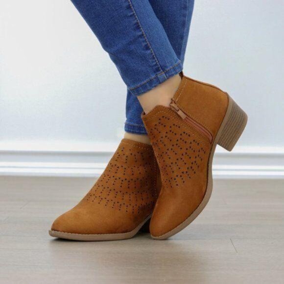 Brown Ankle Boots Perforated Faux Suede Low Heel Cutout Detail - Picture 6 of 6